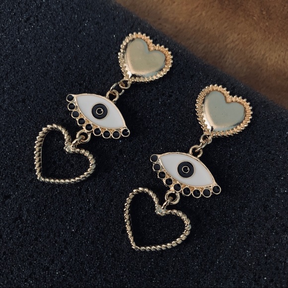 Hearts & Eye Linear Drop Golden Enamel Earrings - Picture 2 of 8